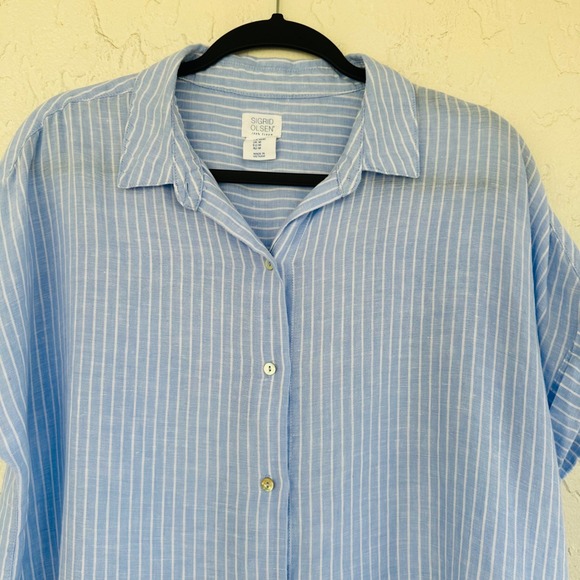 Sigrid Olsen Stripe Linen Button Up Short Sleeve Shirt Top Women Medium Relaxed - Picture 2 of 6